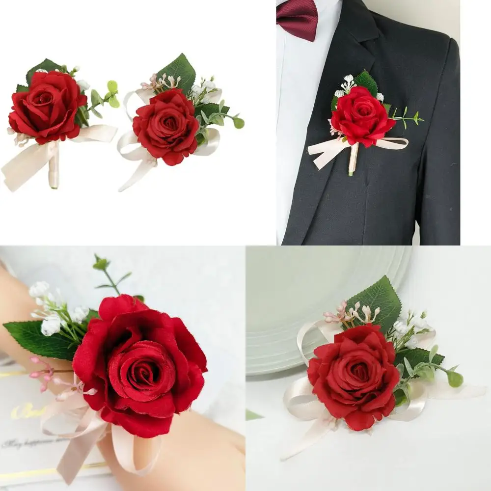 Zestaw korsarz na nadgarstek i butonierka sztuczne róże kwiaty akcesoria dla pana młodego panny młodej drużby druhen na wesele studniówkę