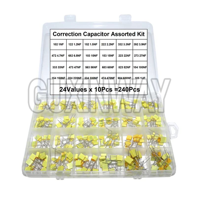 240PCS 100V 24Valuesx10Pcs Correction Capacitor Assorted Kit 102J-105J Polypropylene Safety Plastic Film Capacitors Set