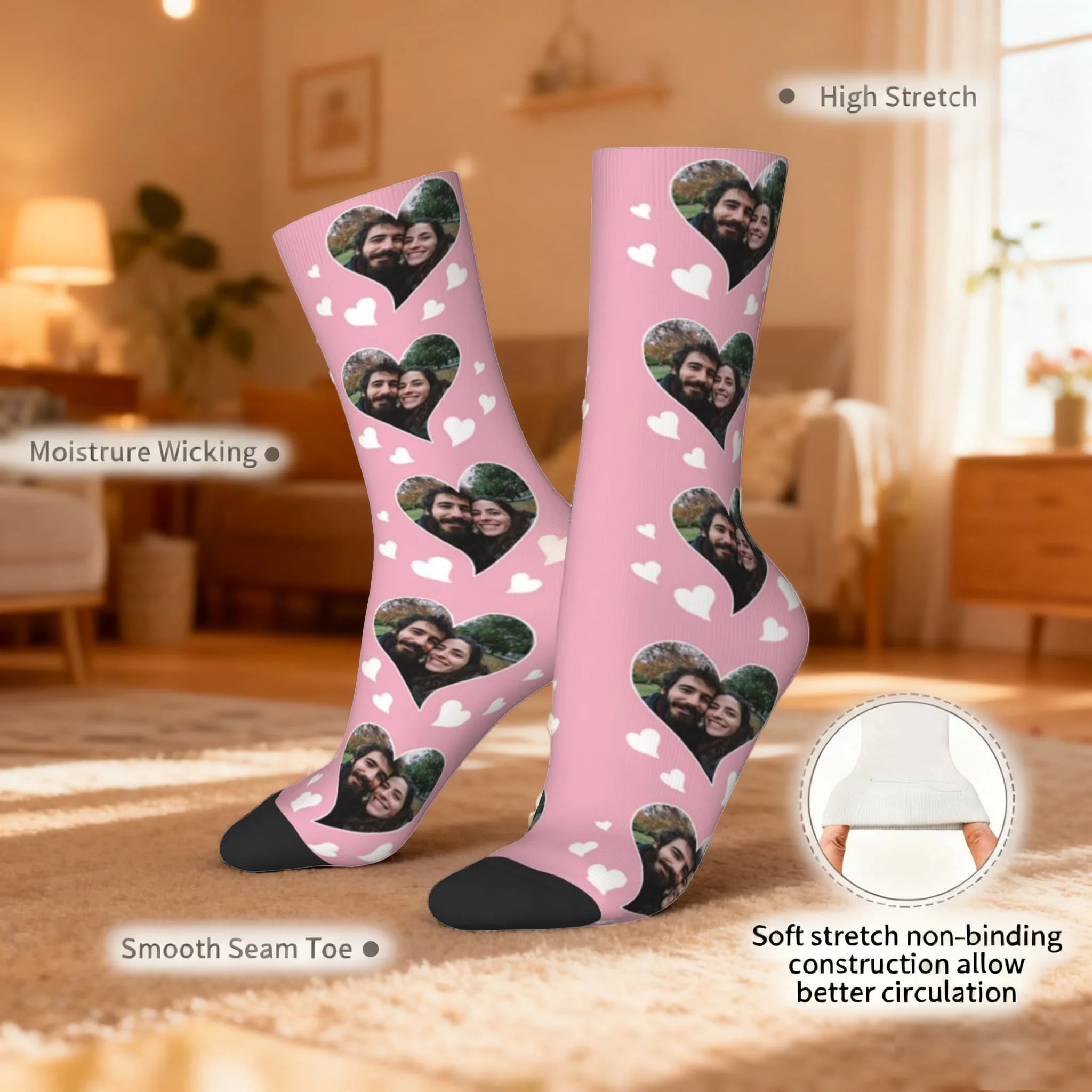 جوارب صور شخصية، جوارب مخصصة للوجه على شكل قلب، جوارب للجنسين على شكل قلب، جوارب مخصصة للزوجين هدية للذكرى السنوية