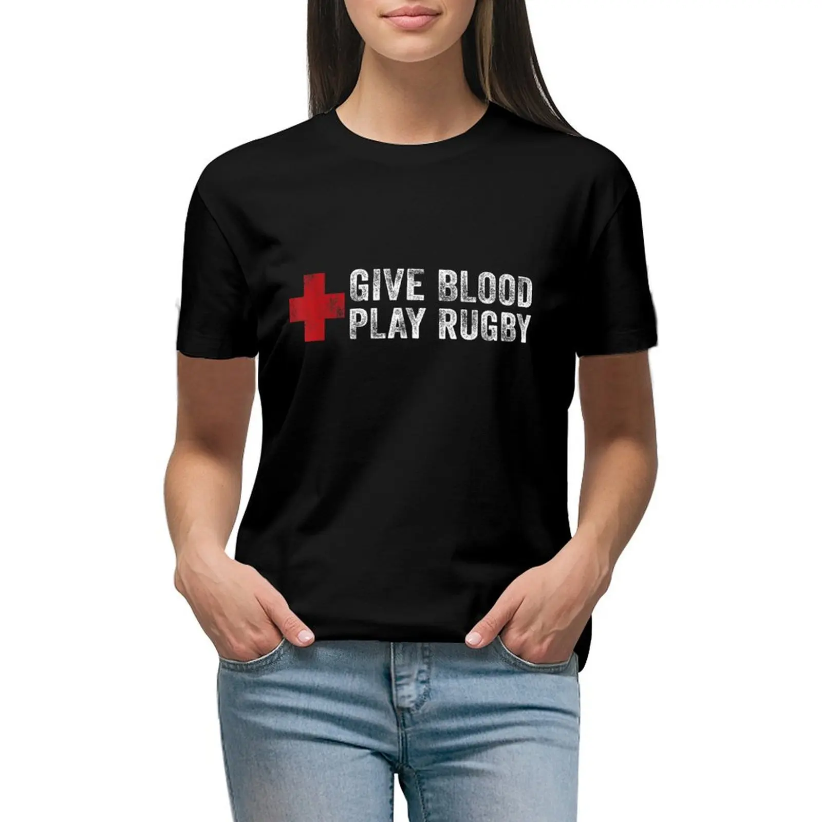 

Give Blood Play Rugby Player Funny Rugger League Union T-shirt funny tops shirts graphic tees summer clothes for Women