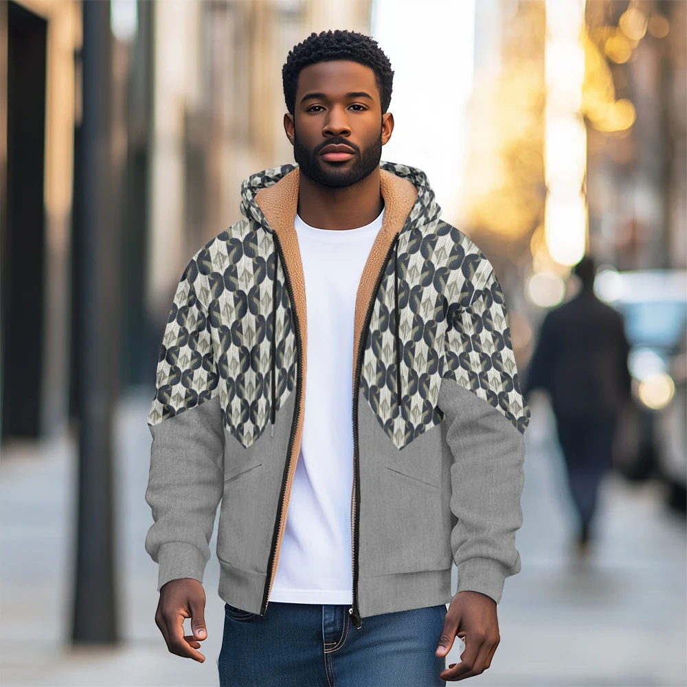 Veste zippée à capuche en laine épaisse pour hommes et femmes, manteau à carreaux, poches imprimées pour l'hiver et l'automne, garde au chaud à l'extérieur