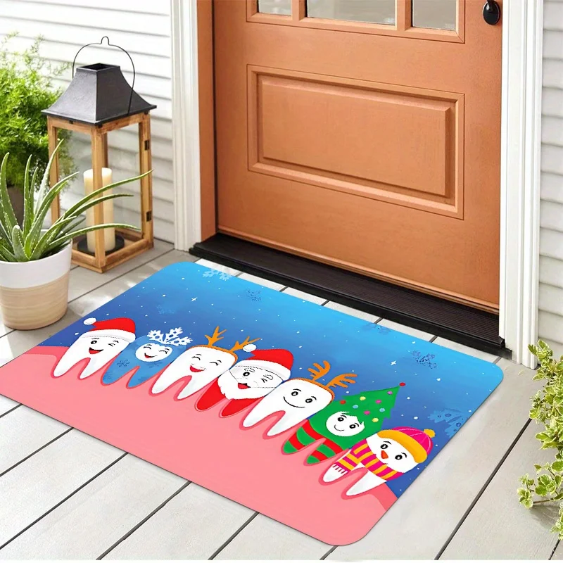 Christmas Teeth Santa Reindeer Dentist Non Slip Door Mat Floor Mat For Entryway Bathroom Kitchen Living Room