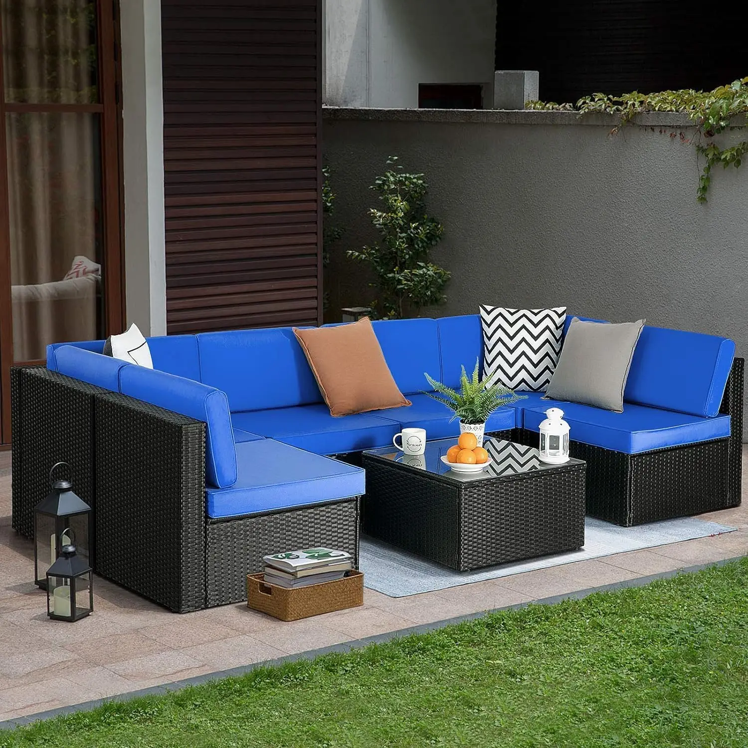 

7 Pieces Patio Furniture Set, Outdoor Couch, All Weather Patio Conversation Rattan Wicker Couch for Garden, Backyard, Poolside