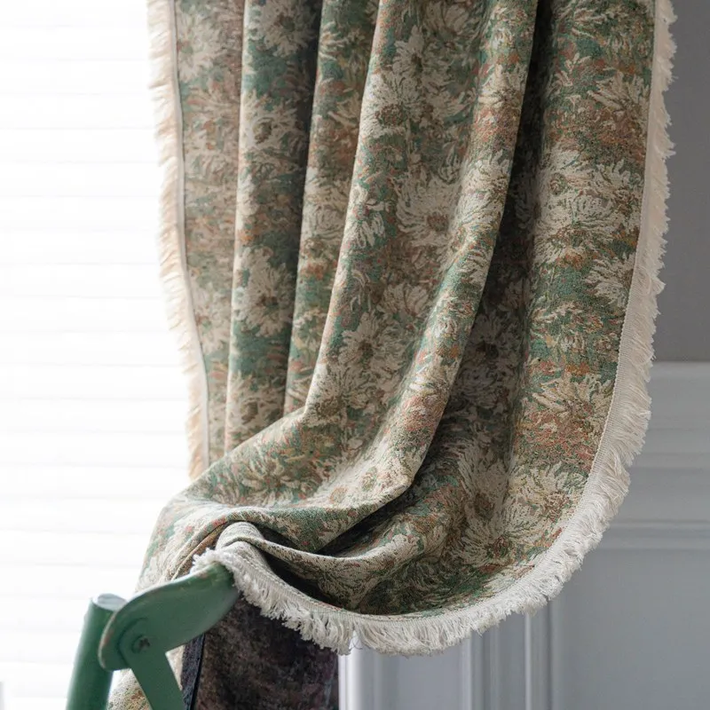 Cotton Linen Green Oil Painting Flower Kitchen Drape American Style Country Window Curtain semi-shading Bedroom Living Room