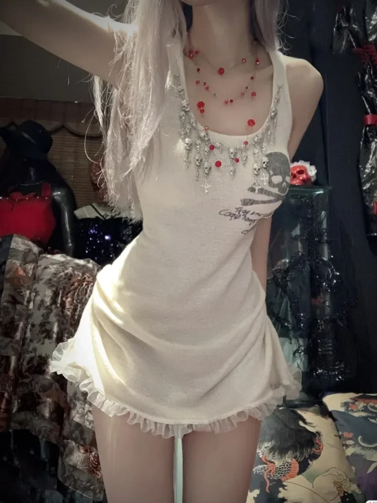 Vestido sin mangas de punto Harajuku japonés para niña, minivestido Sexy blanco gótico con estampado de Calavera, línea A delgada, Verano