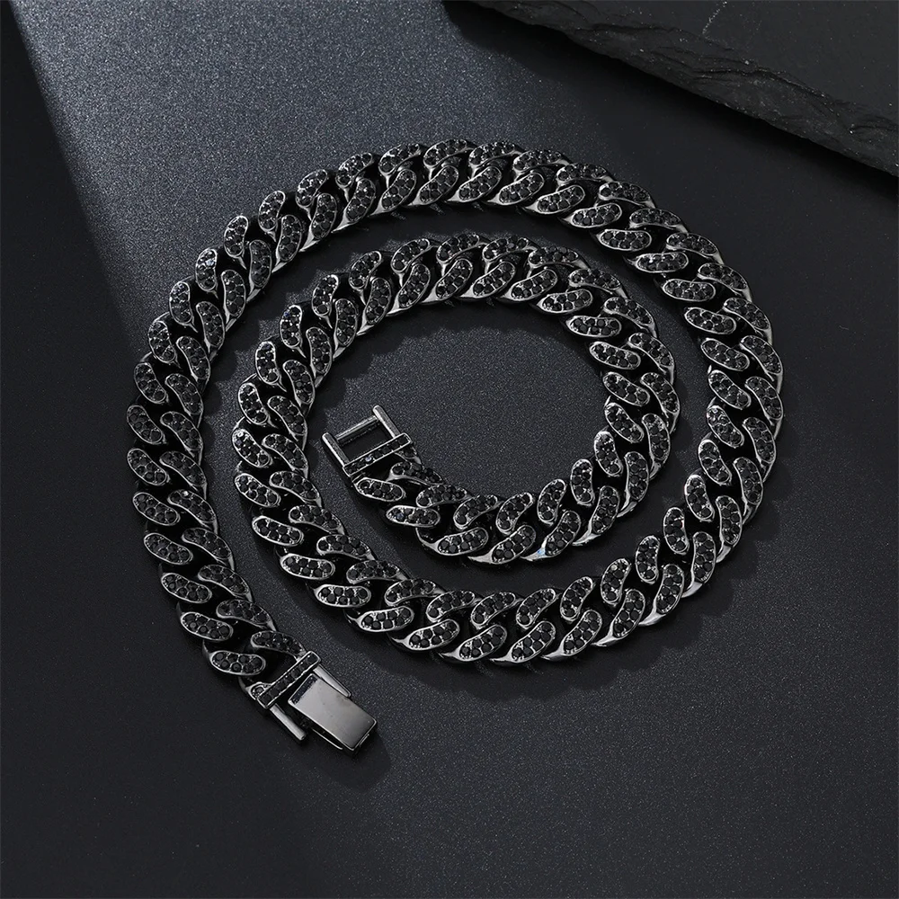 Hip Hop 1Set 13MM Full Iced Out Paved Black Rhinestones Miami Curb Cuban Chain CZ Bling Necklaces For Men Women Jewelry