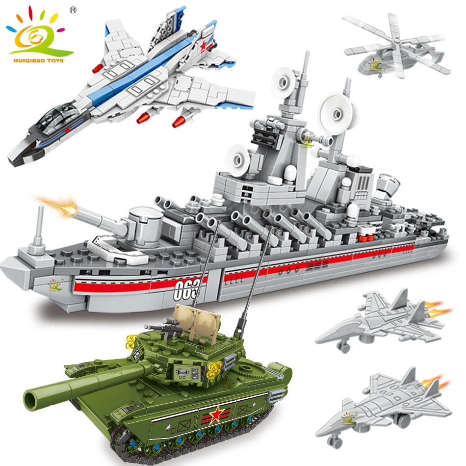 

HUIQIBAO Military Aircraft Carrier Main Battle Tank Model Building Blocks Boys DIY Warship Set Weapons Bricks Toys Children Gift