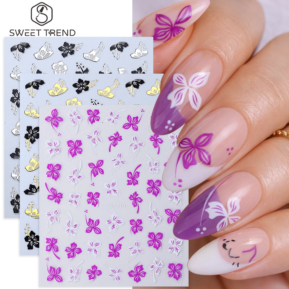 3 Stück elegante Blumen-Nagelaufkleber, rosa, schwarz, goldfarben, silberfarben, Hibiskus-Blumenmuster, selbstklebende Nagelaufkleber, Frühlings- und Sommer-Maniküre-Dekoration