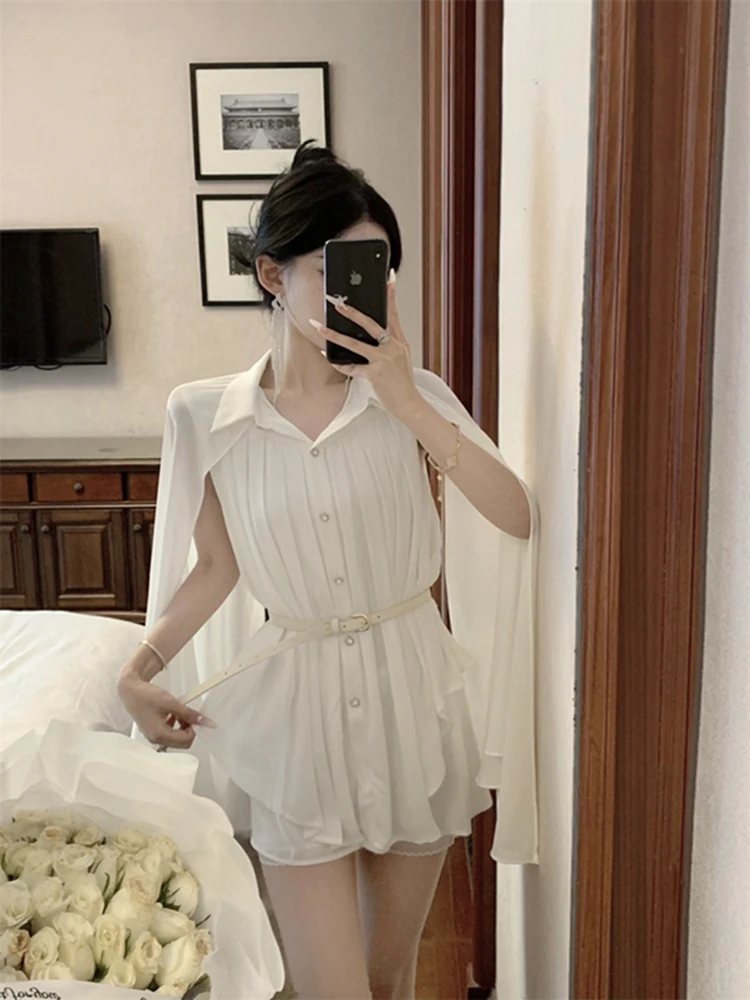 

White awl Collar Chiffon Pleated irt Women's Design Sense Waist-Cinching Summer Top Korean Sle Collar ort Sve