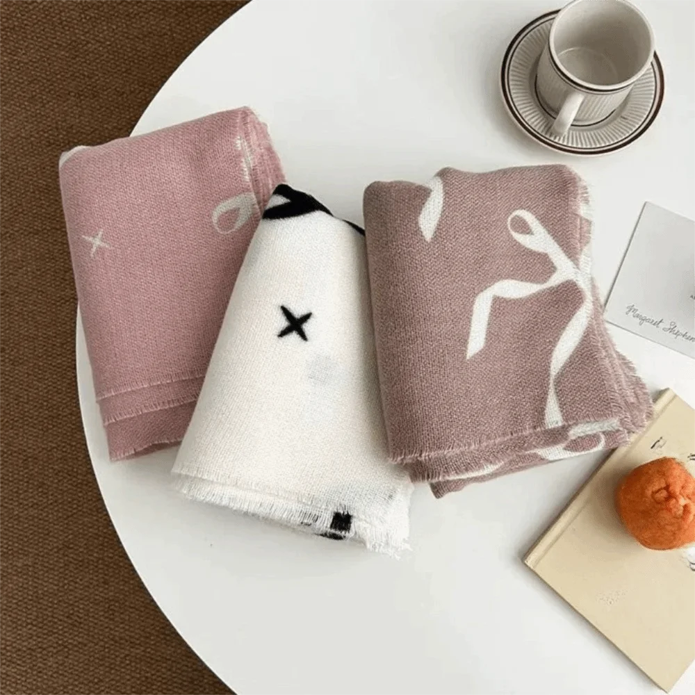 

Модный шерстяной шарф с бантом и принтом, холодостойкие утолщенные зимние кашемировые шарфы, длинные теплые женские кашемировые шаль для девочек