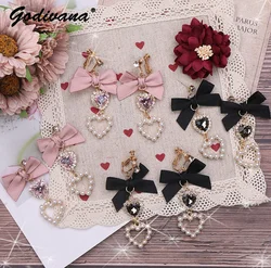 Japanese Style Lolita Sweet Bownot Rhinestone Pearl Heart Shaped Drop Earrings 925 Silver Pin Ear Clip Women Girls Earrings