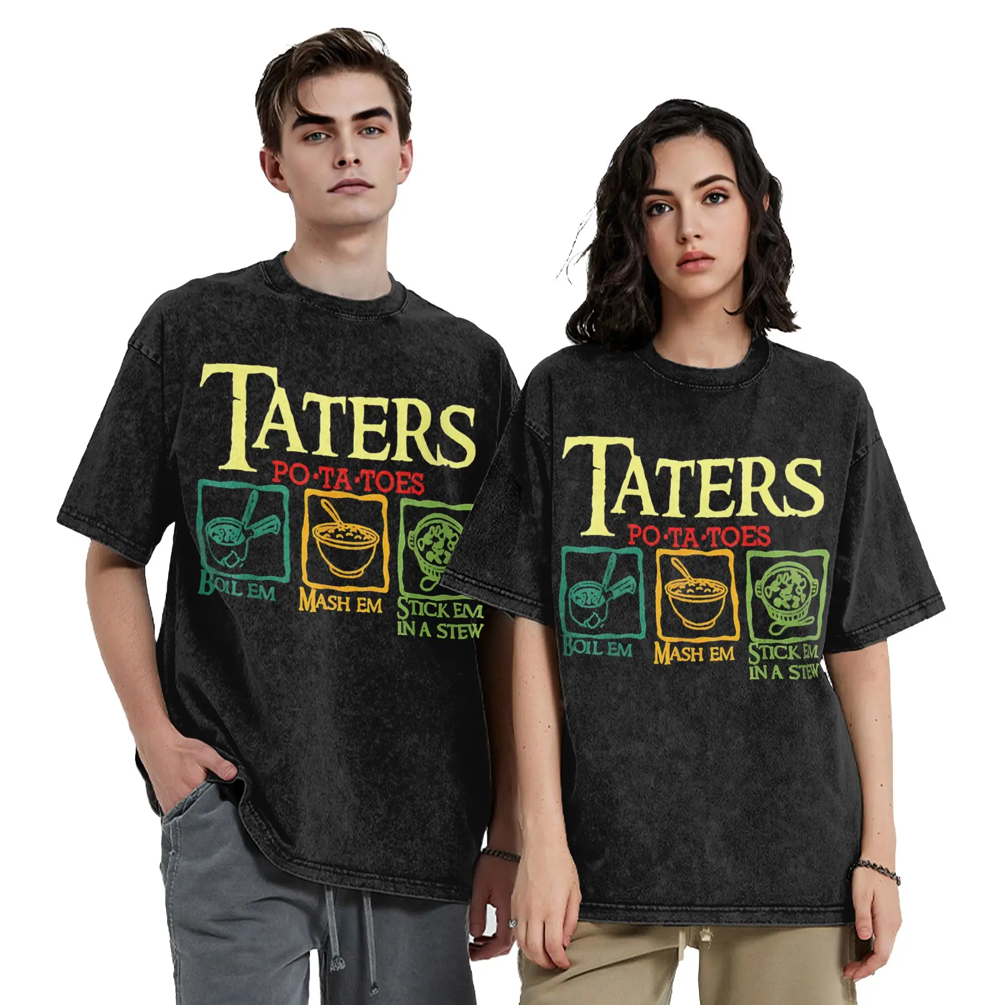 Taters Po-ta-toes Washed T Shirts Streetwear Hip Hop Novelty T-Shirt L-Lords R-Rings Tees Men Women Cotton Harajuku Printed