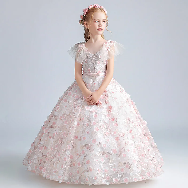 Flower Puffy Dress for Girls Children Wedding Dresses Kids First Communion Vestidos Teenagers Weddings Bridesmaid Robe with Belt