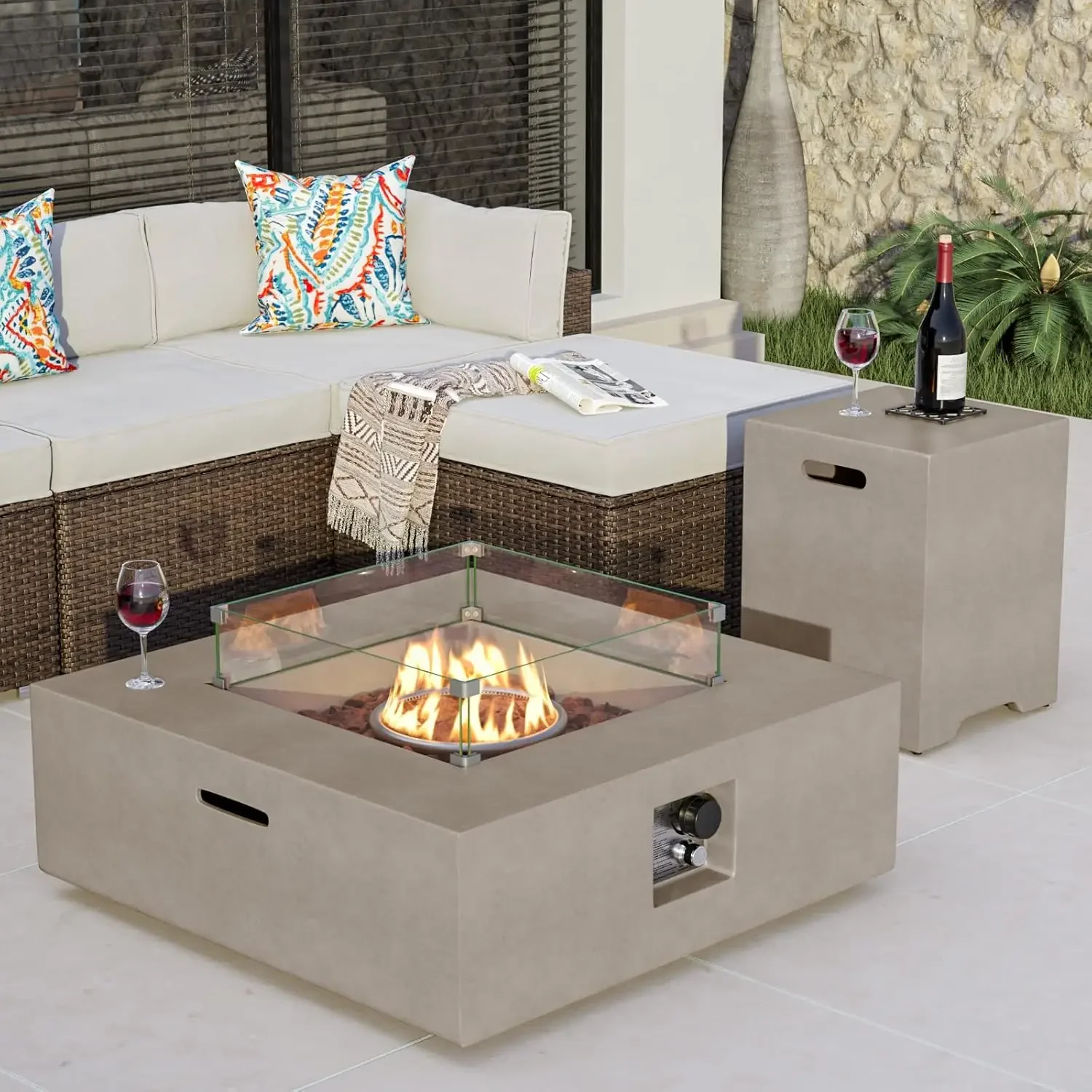 COSIEST 35-inch Square Outdoor Sandstone Propane Fire Pit w Wind Guard and Side Table, 50,000 BTU Stainless Steel Burner, Free L