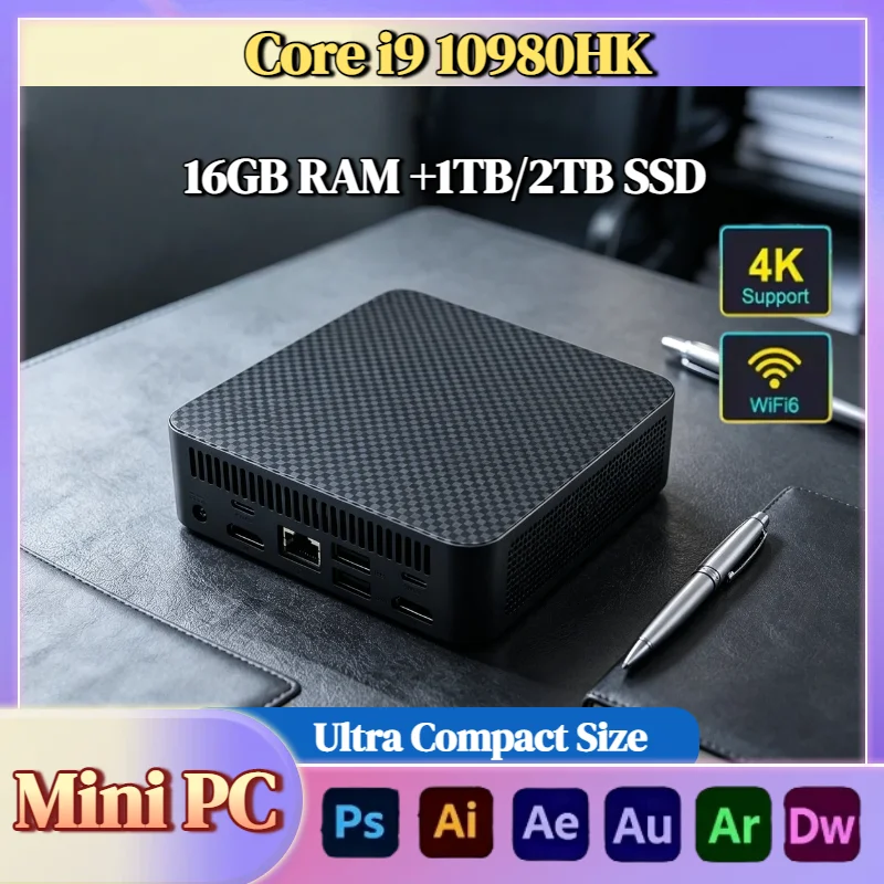 Intel Core i9 10980HK Portable Mini PC 16GB DDR4 M.2 NVMe SSD Triple 4K WiFi6 Silent Cooling Office Home Desktop 2026 Pro