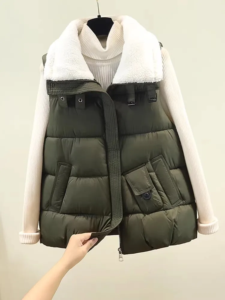 

2026 Spring Winter Women's Cotton Waistcoat Lapel Collar Vest Casual Loose Short Jacket Warm Fashion Top W2086
