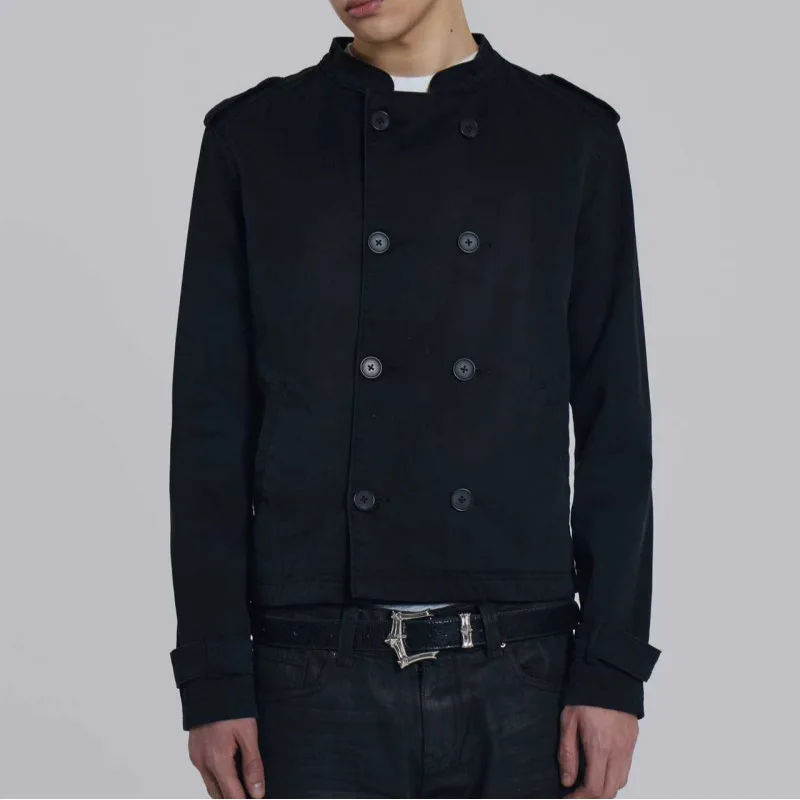 

Unisex Retro Minimalist Black Double Breasted Jacket Casual Streetwear Long Sleeve Stand Collar Outerwear For Men And Women Dail