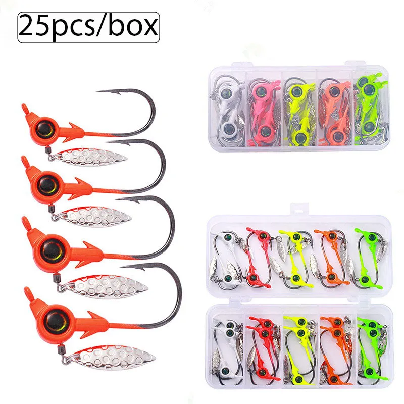 

25 шт., крючок с джиг-головкой, 3,5 г, 5 г, рыболовный крючок, вращающиеся блестки, джиг-крючки, приманка, металлические ложки, твердые приманки для мягких червей, рыболовные снасти