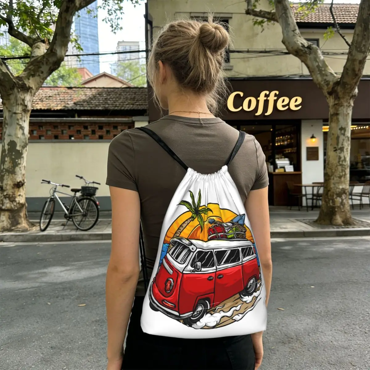 Beach Cartoon Camping Vehicle Backpacks Fashion Drawstring Bags Storage Bag Book Bags for Man Woman School