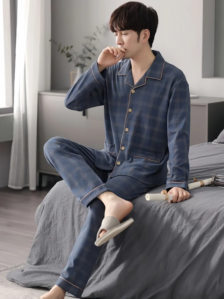 Spring Autumn Men's Thin Cotton Pajamas Long Sleeve Cardigan Two Piece Set Plus Size Home Suit Casual Checkered Loungewear