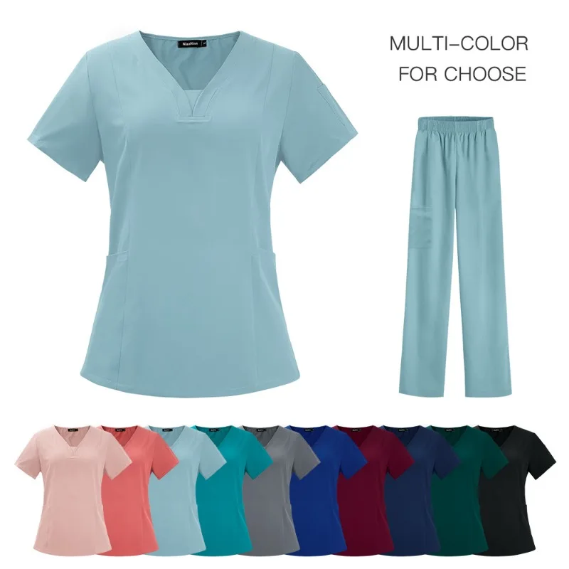 

Women's Doctor Nurse Uniform Frosted Suit Frosted Top Long Pants Short Sleeved Work Clothes V-neck Top Drawstring Pants
