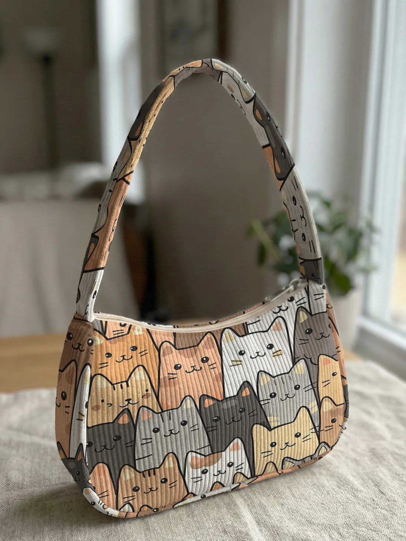 Trendy Cute Cartoon Cat Print Shoulder Bag, Corduroy Underarm Bag for Daily Casual Use