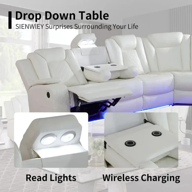 

(Sea shipping) Nordic luxury Creativity Power Reclining Sectional Sofa White L Shaped, Leather Recliner Couch for Living Room Fu