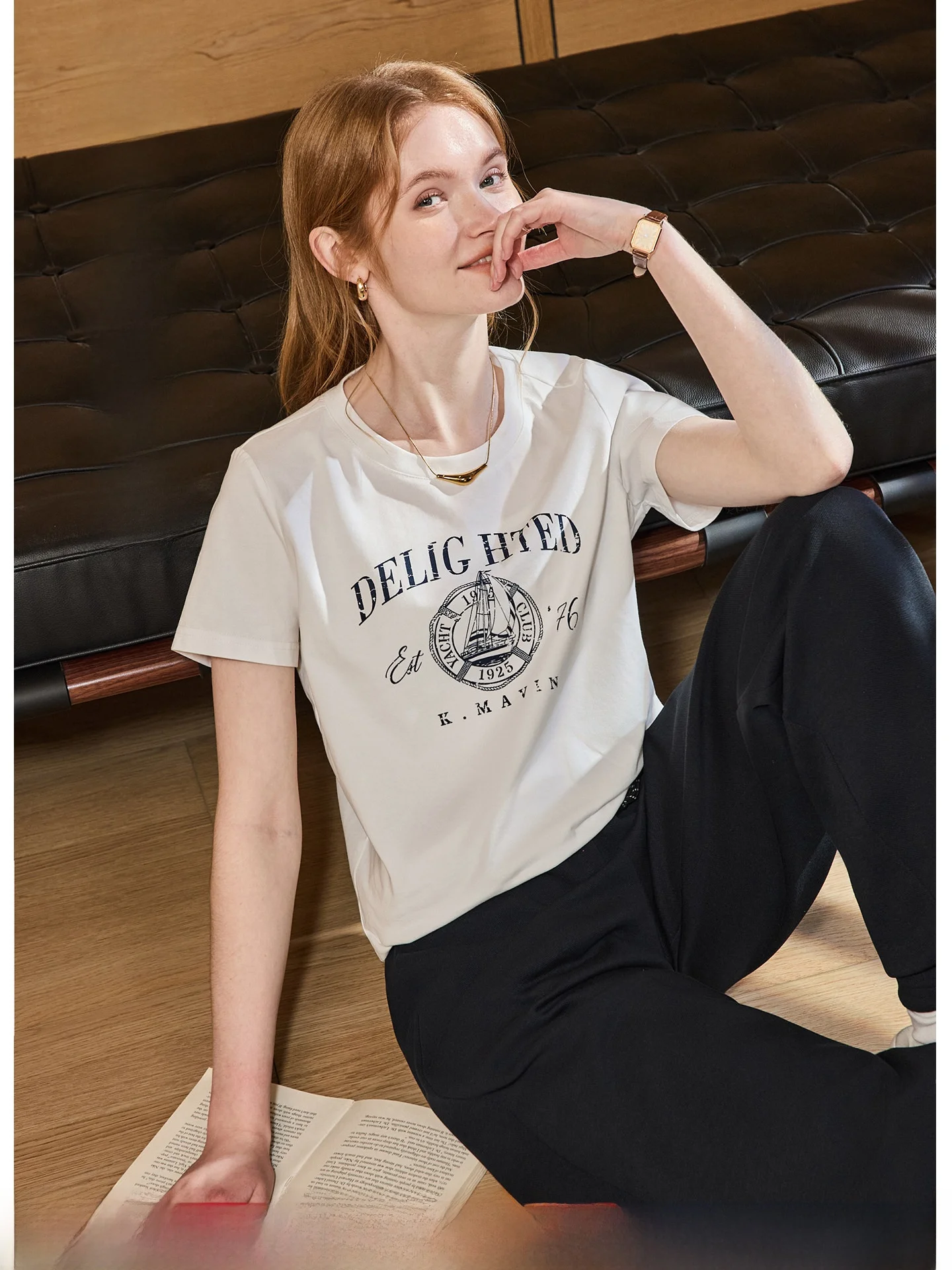 KUHNMARVIN Women's White Printed T-shirt Summer 2026 Cool Feeling Short Sleeve Casual Style Knitted Cotton Blend Top