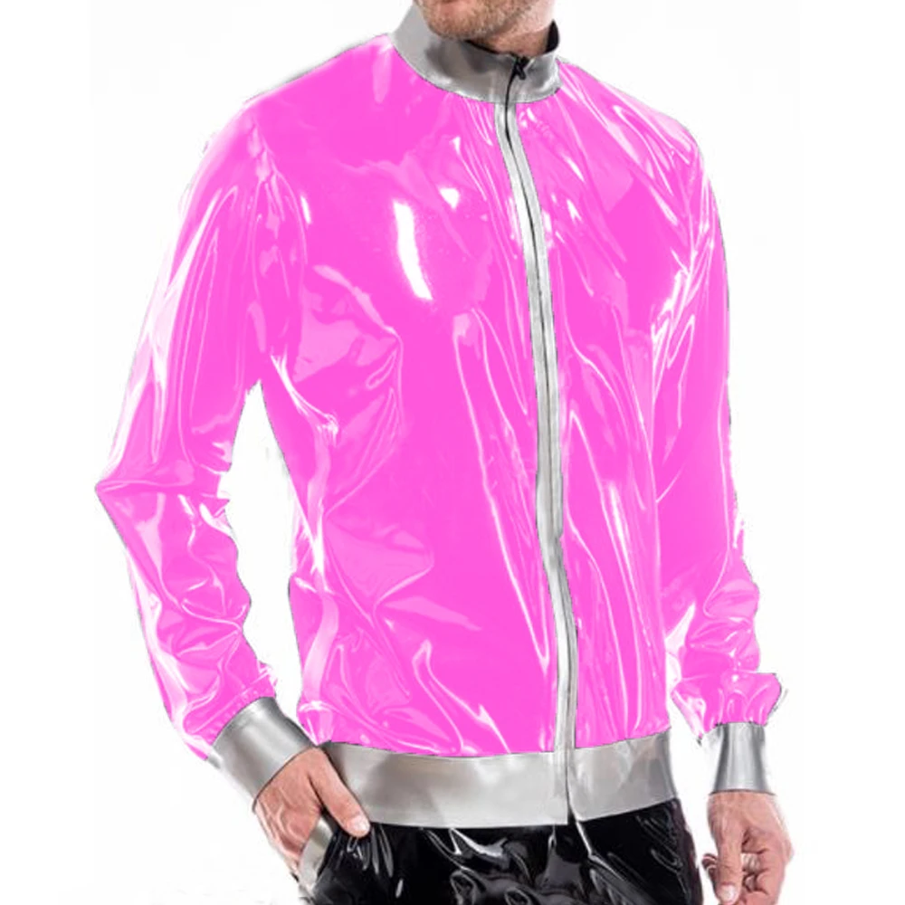 Men's Wetlook PVC Leather Jacket, Long Sleeve, Zipper, Stand Collar, Patchwork Coats, Male Training Sportswear, Shiny Clubwear