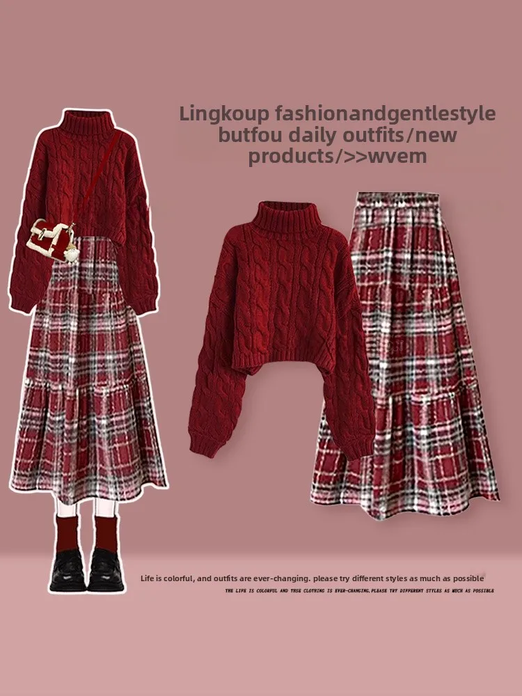 

Fashionable Knitted Christmas Red Sweater And Plaid Skirt Set Women's Autumn Winter Slimming Style High Collar Two Piece...
