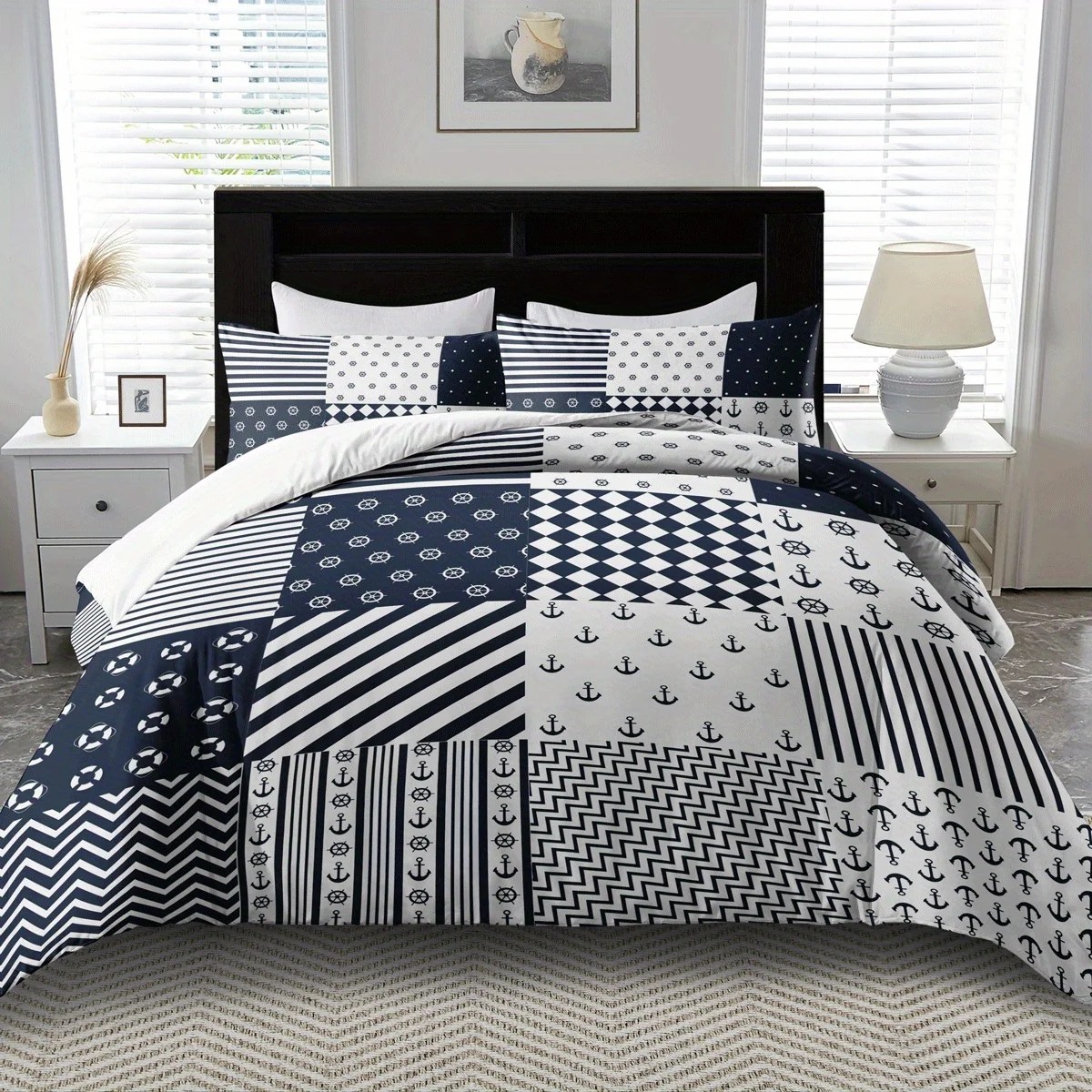 

2/3pcs Nautical Theme Duvet Cover Set, Soft Comfort Breathable Geometric Print Bedding Set Cartoon Anchor Pattern 100% Polyester