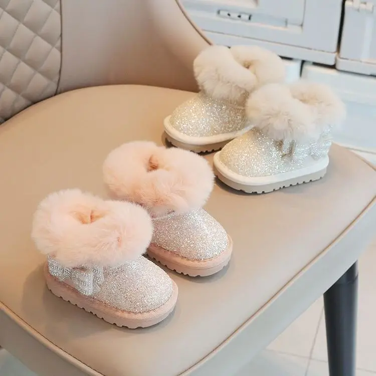 Girls Sparkly Snow Boots Kids Glitter Faux Fur Winter Boots Bowknot Warm Waterproof Non-Slip Short Boots Princess