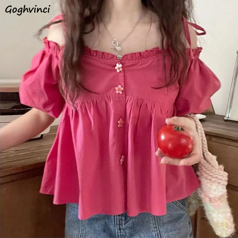 Blouse Women Summer Sweet Japanese Style Leisure Loose Simple Solid Design Puff Sleeve Tender Students Slash Neck All-match Cozy