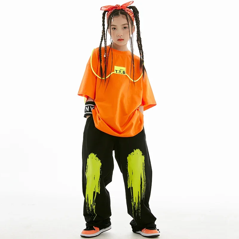 Kpop Hiphop Kleding Jongens Korte Mouwen Tops Losse Broek Kids Modern Dance Performance Kostuum Meisjes Jazz Dance Kleding