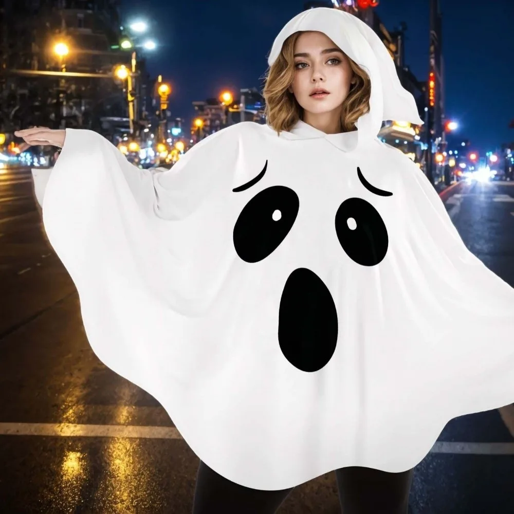 

White Halloween Cloak Cape Black Eye Fright Clothes Ghost Poncho Robe Trick-or-Treat Spooky Smock Style Pumpkin Cloak