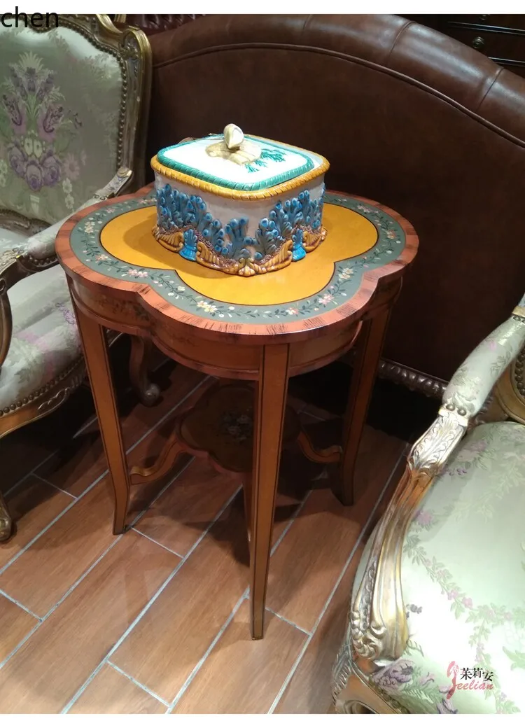 ZML coffee table - hand-painted solid birch wood, carved and gilded, plum blossom design, double-layered, green floral accent