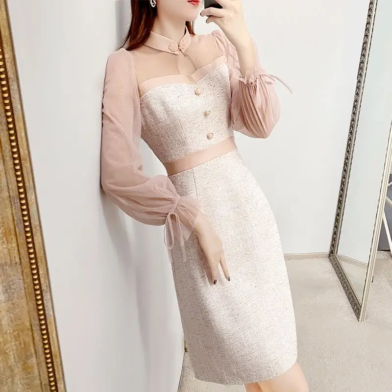 Sweet Elegant Spring Autumn Dresses New Women's Bow Button Patchwork Korean Fashion Chic Long Sleeve Slim Mid-lengt A-line Dress