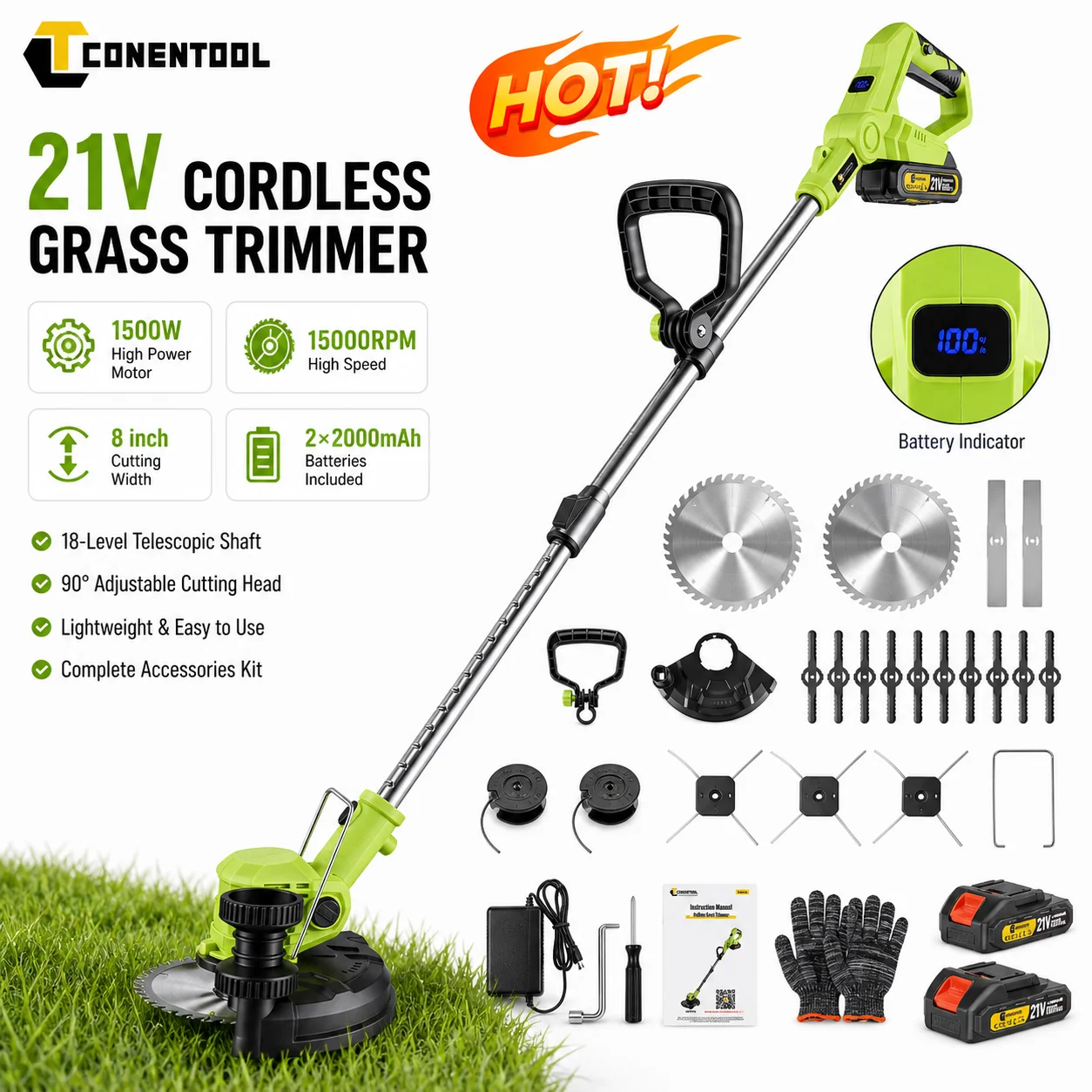 Cortadora de Césped Inalámbrica CONENTOOL de 21V, Recortadora de Césped Eléctrica de 1500W, Cortadora de Malezas de 8 Pulgadas con 2 Baterías, Herramienta de Jardín