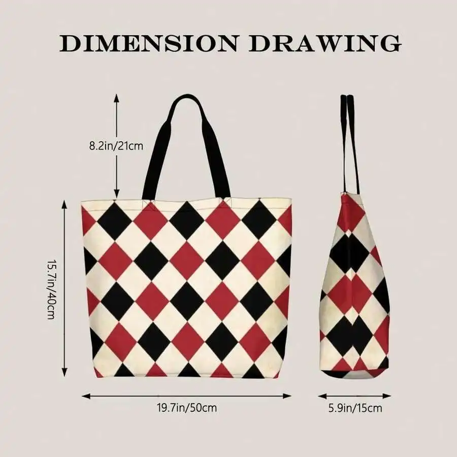 

Red Black Harlequin Diamond Pattern Tote Bag Vintage Style Casual Handbag