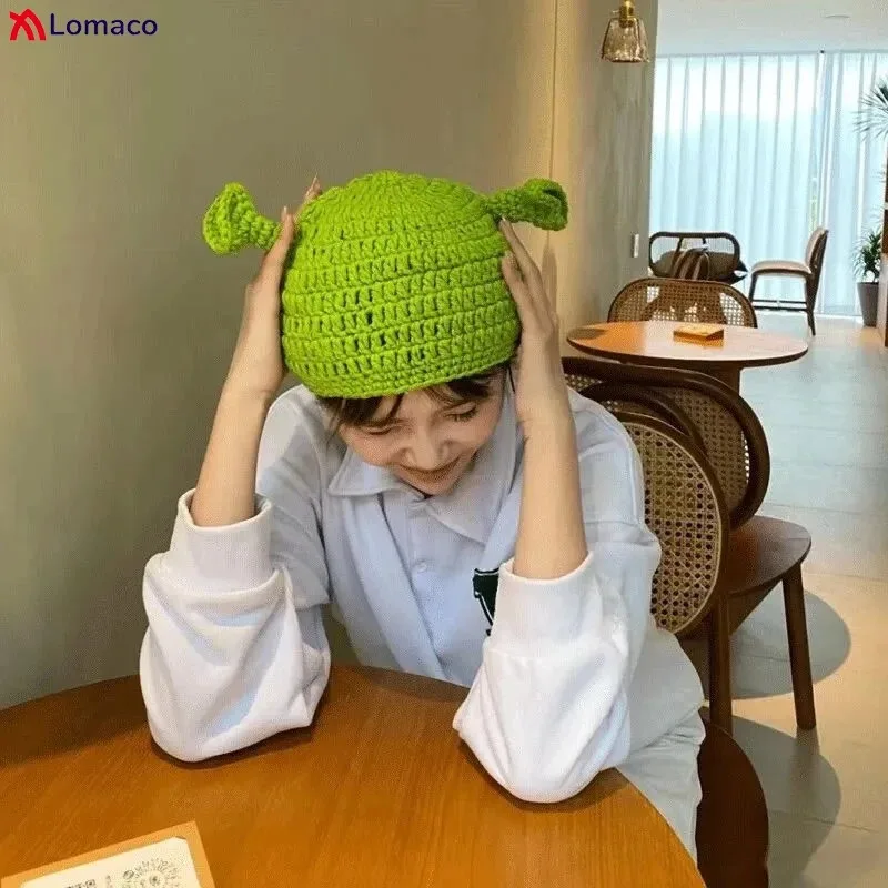 Gorros CyWinter para mujeres, hombres y niños, pasamontañas Monster Shrek, sombrero de lana, gorros de trompeta divertidos y creativos, gorro tejido a mano pura
