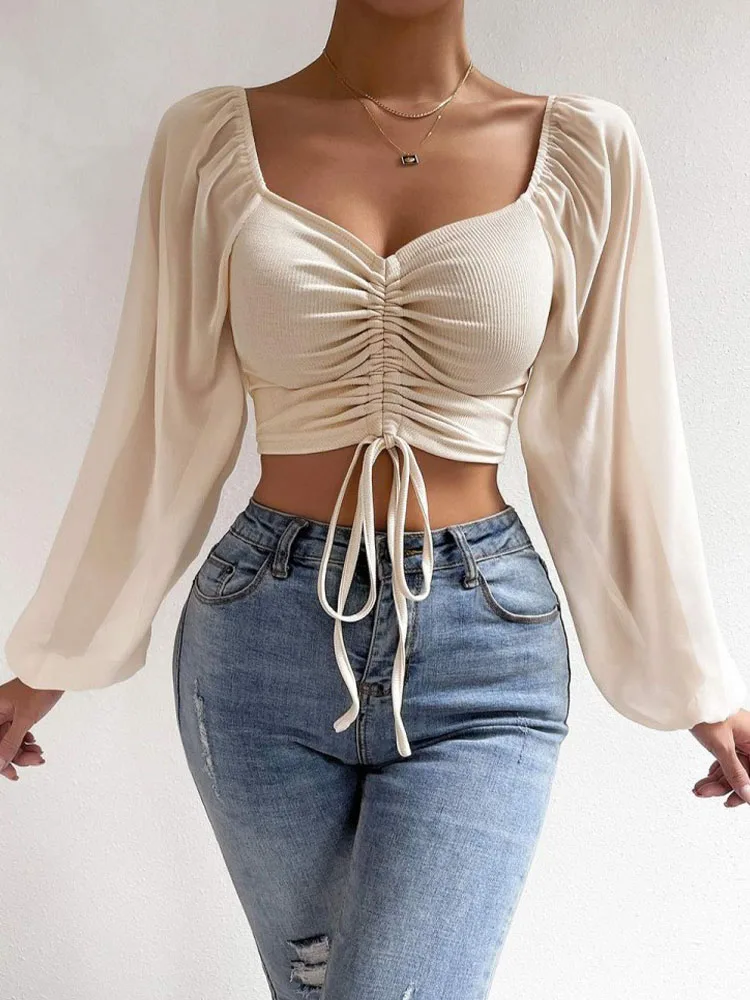 Chiffon Drawstring Crop Top Women Spring Summer Lantern Sleeve V-Neck Fashion Blouses Hight Street Skinny Sexy Shirt Y2K Clothes