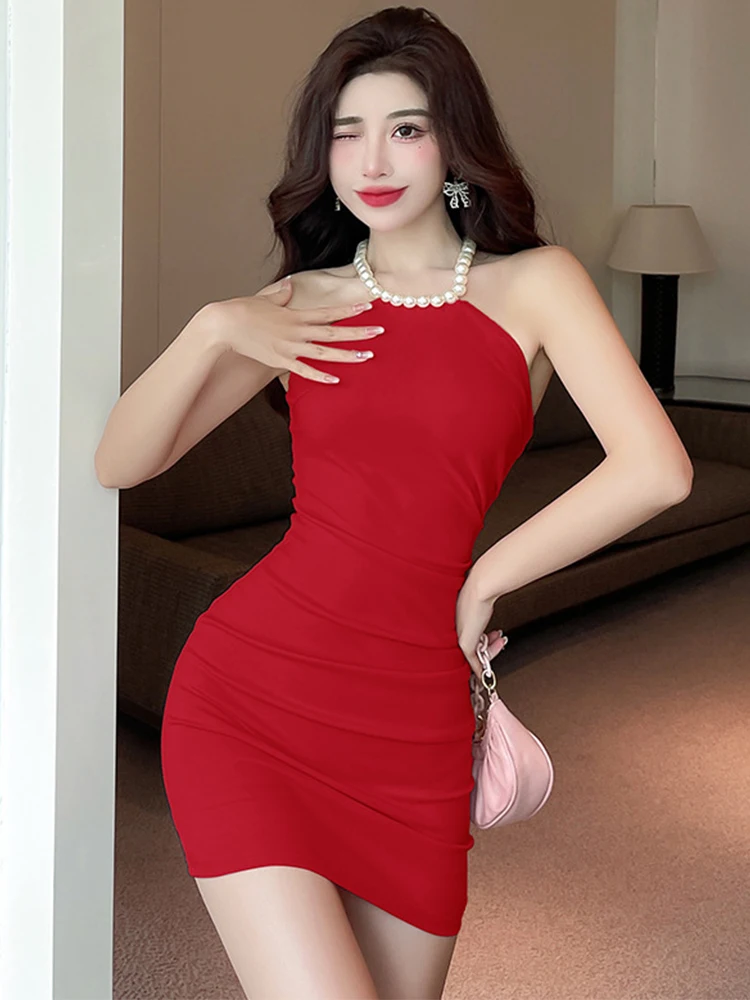 

New Hotsweet Evening Dress Women Sexy Pearl Halter Folds Bodycon Mini Gown Femme Party Club Beach Prom Vestidos Fiesta Clothing