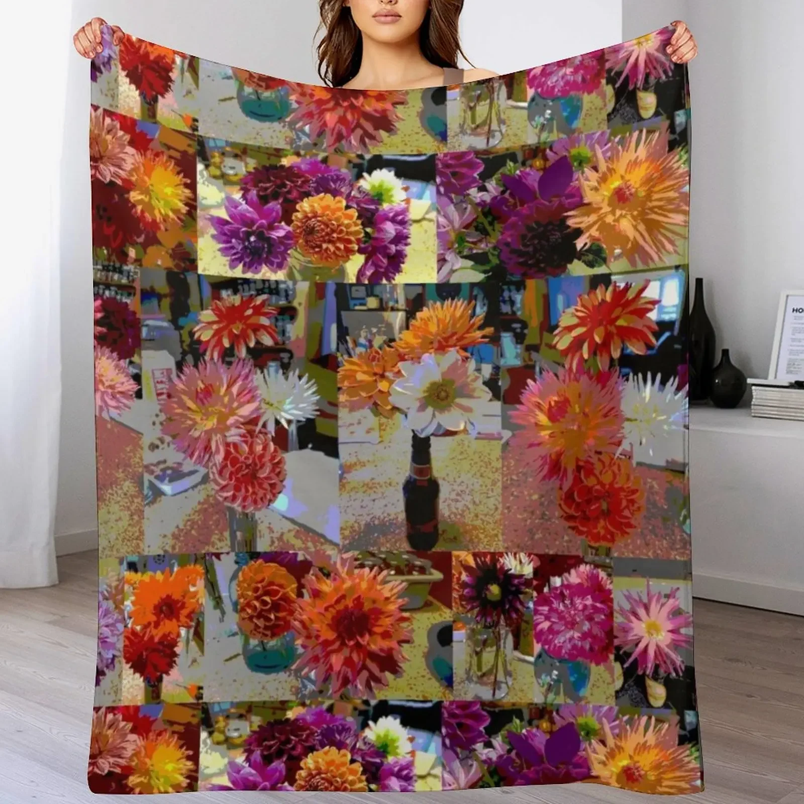 Posterized Dahlias all in a row Throw Blanket Nap Hairy Soft Beds Blankets