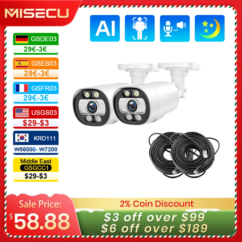 MISECU HD 5MP POE IP Camera 20M Cable Outdoor Surveillance Security Camera Two Way Audio Ai Human Detection Color Night Vision