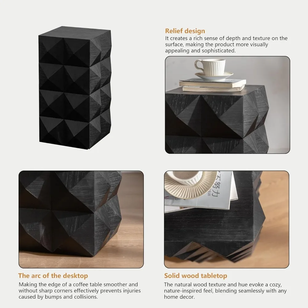 23.62 Mesa lateral boho moderna, mesa de centro tridimensional de madeira em relevo para quartos de apartamentos e escritórios preto