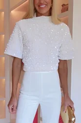 Women Velvet Shine Sequin Embellished Short Sleeve Blouse Tops Fashion Style Clothing For Cocktail Party Clubwear Streetwear Tee