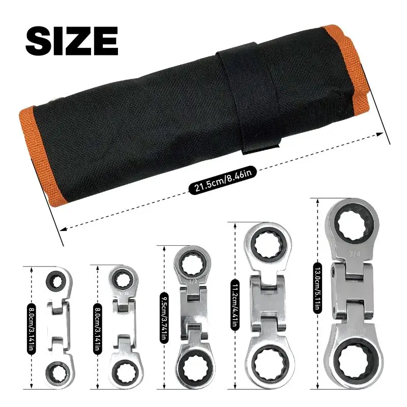 SAE Stubby Wrenches Set, Flex Head Ratcheting Wrench Set Double Box End Ratchet Wrench SAE 1/4-3/4IN 5 Pieces