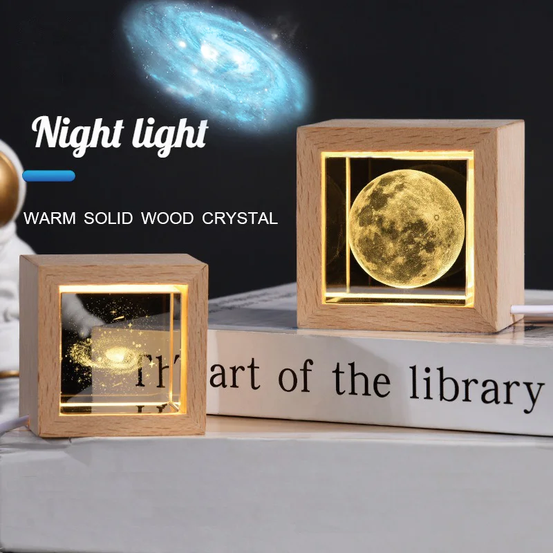 Creative Solar System Crystal Night Light Square Wood Carving Bedside Lamp Girlfriend Child Christmas Gift Bedroom Decoration