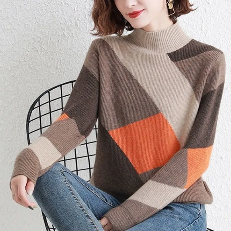 Women\'s Spring and Autumn New Loose Contrast Color Pullover Half High Neck Striped Sweater Fashion Long Sleeve Commute Knit Tops