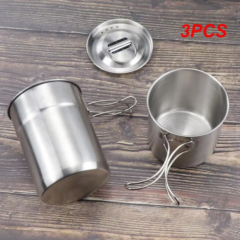 3PCS Stainless Steel set of Picnic Coffee Cup Beer Mug Folding Spork Water Cup Outdoor Camping Water Cup with Foldable Handle